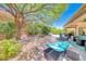 Expansive backyard features a patio with seating, lush plants, and mature trees for tranquil outdoor living at 2205 Sandstone Cliffs Dr, Henderson, NV 89044