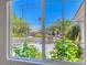 Lush landscaping surrounds the backyard patio as viewed from the office window at 2205 Sandstone Cliffs Dr, Henderson, NV 89044