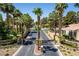 Gated community entrance with lush landscaping and mature palm trees lining the street at 5228 Painted Lakes Way, Las Vegas, NV 89149