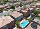 Aerial view featuring a backyard with a blue pool and a trampoline at 9074 Iron Cactus Ave, Las Vegas, NV 89148