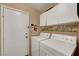 A laundry room with a modern washer and dryer and storage cabinets at 5933 Perfect View St, Las Vegas, NV 89130