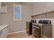 Efficient laundry room with modern washer and dryer, storage cabinets, and window at 11844 Mino Rio Ave, Las Vegas, NV 89138
