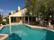 Inviting backyard pool with mature trees and patio area, perfect for outdoor entertaining and relaxation at 5401 Painted Sunrise Dr, Las Vegas, NV 89149