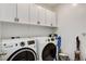 This laundry room features overhead cabinets and updated, front-loading washer and dryer units at 689 Rogue Wave St, Las Vegas, NV 89138