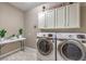 Bright laundry room with white cabinets, modern washer and dryer units, and functional workspace at 2509 Chateau Napoleon Dr, Henderson, NV 89044