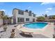 Private backyard oasis with a refreshing pool, concrete benches, and desert landscaping at 307 Balsa St, Henderson, NV 89002