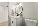 Stylish half bathroom features modern fixtures, white marble countertop, and sleek design for a contemporary appeal at 307 Balsa St, Henderson, NV 89002