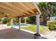 Covered patio overlooking a backyard with a lush lawn and swimming pool at 399 Discovery Ct, Henderson, NV 89014