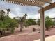 Desert landscaped backyard with covered patio, trees, and wrought iron fence at 438 Fountain Grove St, Henderson, NV 89012