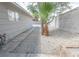 Backyard with white stone, concrete path, palm tree and privacy wall at 4269 Roanridge Ave, Las Vegas, NV 89120