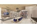 Open-concept living space featuring a modern fireplace, dining area, wine storage, and comfortable seating arrangements at 616 Scenic Rim Dr, Henderson, NV 89012