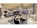 Expansive living room with floor-to-ceiling windows, modern furnishings, a sleek bar, and stunning city views at 616 Scenic Rim Dr, Henderson, NV 89012
