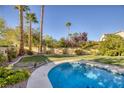 Sparkling pool featuring a curved design and pristine landscaping, perfect for relaxation and entertainment at 1002 Prestige Meadows Pl, Henderson, NV 89052