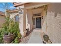 Inviting house entrance with a dark-stained front door, stone pathway, and well-manicured landscaping at 2024 Shadow Brook Way, Henderson, NV 89074