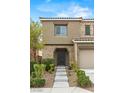 A close-up of the home's front entrance with stone accents and manicured landscaping leading to the front door at 9143 Irish Elk Ave, Las Vegas, NV 89149