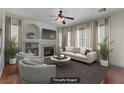 Comfortable living room with a fireplace, ceiling fan, and neutral-toned furniture and decor at 4977 Crimson Mare Rd, Las Vegas, NV 89139