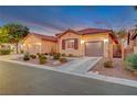 Tan colored stucco home with a 2-car garage and desert landscaping at 10290 Hawks Wing St, Las Vegas, NV 89178