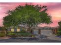 Single-story home with gray siding, mature tree, and attached two-car garage at 7456 Ute Meadows Cir, Las Vegas, NV 89129