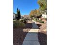 Park-like community walkway with stone groundcover, green shrubs, and mature trees under a clear blue sky at 3025 Sunrise Bay Ave, North Las Vegas, NV 89031