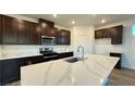 Modern kitchen features stainless steel appliances, dark cabinetry, and a large island with quartz countertops at 7308 Davenbury St, Las Vegas, NV 89113