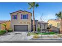 Two-story house with purple shutters, stone accents, and a landscaped yard at 6819 Rolling Boulder St, Las Vegas, NV 89149