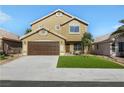 Two-story house with brown garage door and artificial turf at 5912 Royal Castle Ln, Las Vegas, NV 89130