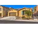 Tan house with brown garage door, teal shutters, and a landscaped yard at 6733 Violet Bluff Ct, North Las Vegas, NV 89084