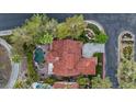 Overhead view of home featuring lush landscaping, a backyard pool, and a red tile roof at 8199 Pinnacle Peak Ave, Las Vegas, NV 89113