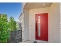 Modern red front door with glass panel and sleek hardware at 10509 India Hawthorn Ave, Las Vegas, NV 89144