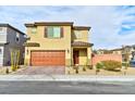 Two-story house with tan exterior, brown garage door, and landscaped front yard at 6046 Castle Gardens Ave, Las Vegas, NV 89130