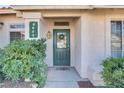 Close-up of a home's inviting front door with green door and decorative wreath at 9905 Barrier Reef Dr, Las Vegas, NV 89117