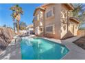 Backyard view showcasing a private pool with a covered patio, palm trees, and fencing at 5037 Monte Del Sol Ln, North Las Vegas, NV 89031