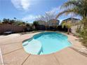 Beautiful backyard pool with a tanning ledge, complemented by a well-maintained patio and landscaping at 7633 Winterthur Ct, Las Vegas, NV 89129