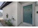 Teal front door with modern hardware and landscaping at 59 N Christy Ln, Las Vegas, NV 89110