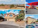 This collage showcases the community views, playground, pool, and home exterior at 395 Suzanne Peak Ct, Henderson, NV 89012