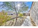 Side yard featuring a walkway, desert landscaping, and mature trees providing ample shade at 8201 Lake Isle Ct, Las Vegas, NV 89145