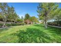 Scenic park area featuring green grass, mature trees, a covered gazebo, and walking paths for residents to enjoy at 85 Alerion St, Las Vegas, NV 89138