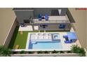 Aerial rendering of backyard with pool, lawn and outdoor seating at 2795 Athens Ridge Dr, Henderson, NV 89052