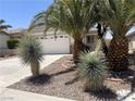 View of the front yard, highlighting the xeriscape landscaping and mature palm trees at 2341 Celestial Moon St, Henderson, NV 89044