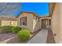 Inviting home entrance with a decorative door and manicured landscaping at 5891 Alfano Ave, Pahrump, NV 89061