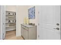 Butler's pantry showcasing built-in shelves, ample cabinet space, stylish decor, and hardwood flooring at 379 Portus Delphini Ct, Henderson, NV 89011