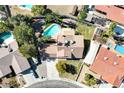 Aerial view of a home with a backyard pool, mature landscaping, and a private backyard at 3431 Iberia St, Las Vegas, NV 89146