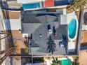 Aerial view of a backyard featuring a pool and dark roof at 5209 Champions Ave, Las Vegas, NV 89142