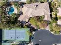 This aerial shot showcases a private tennis court, pool, backyard oasis, and spacious lot at 2285 Villefort Ct, Las Vegas, NV 89117