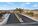 View of the community entrance and paved street with manicured landscaping and palm trees at 7462 Dragonfruit Ave, Las Vegas, NV 89113