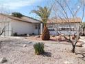 Charming single-story home featuring a desert landscape and a decorative pineapple palm tree in the front yard at 710 Strawberry Pl, Henderson, NV 89002