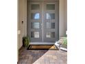 Stylish gray double front door with glass panels and a welcoming door mat at 12054 Portamento Ct, Las Vegas, NV 89138