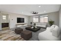 Bright living room with neutral tones, modern furniture, ceiling fan, and a view to the backyard at 8754 Moon Crater Ave, Las Vegas, NV 89178