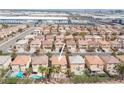 Aerial view of a residential neighborhood with well-maintained homes and lush landscaping at 5615 Believe Ct, Las Vegas, NV 89139