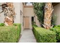 Inviting front entrance with a beige door, manicured green hedges, and mature palm trees at 2050 W Warm Springs Rd # 4322, Henderson, NV 89014